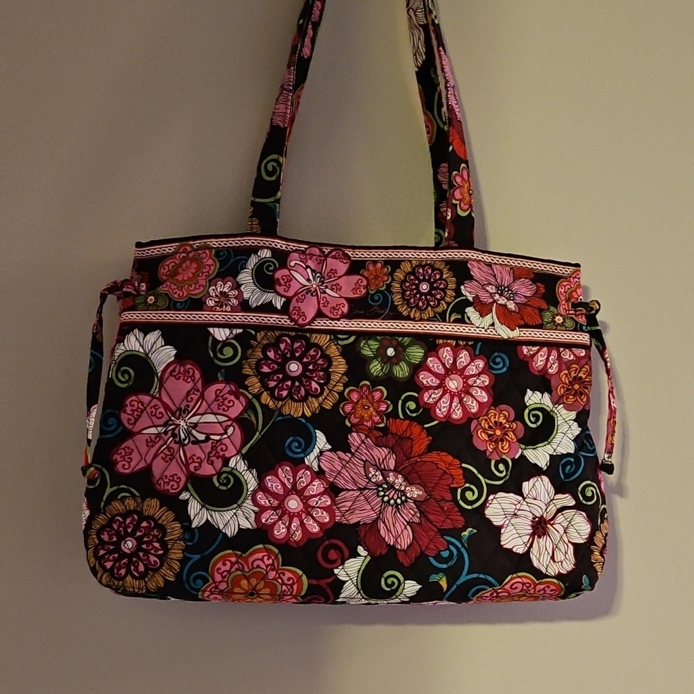 Vera Bradley Pink and Black Floral Shoulder Bag with Matching Wallet And Coin Pu